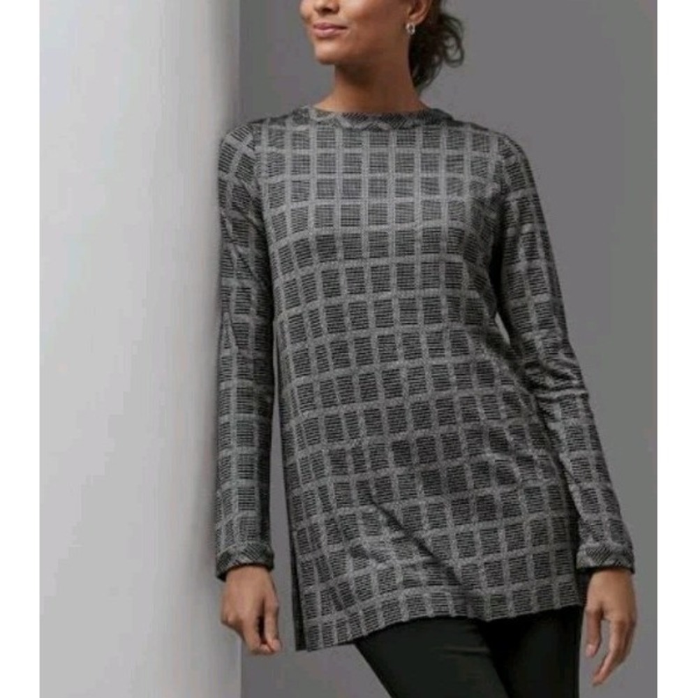 J.Jill Wearever Gray Black Geometric Print Tunic Top Long Sleeve Women's Size XS